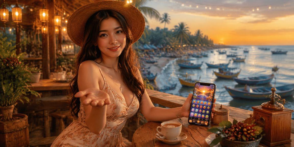 Người dùng trải nghiệm casino mobile tại Mũi Né với cà phê Việt Nam
